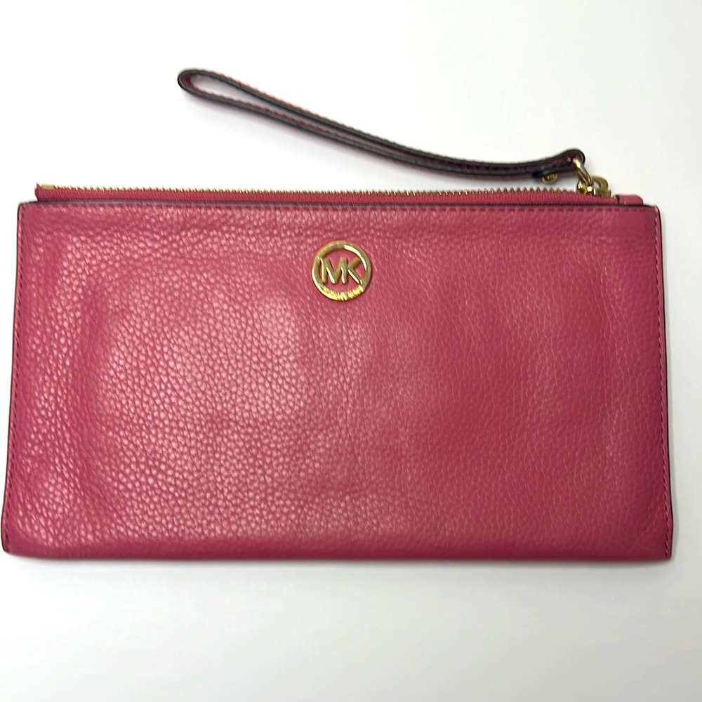 Michael Kors Pink Leather logo XL Zip Clutch Wristlet